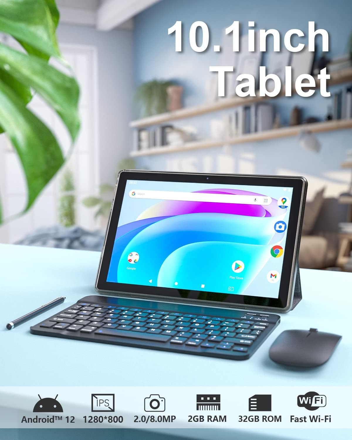10.1 Inch Android 12 Tablet with Keyboard, 2GB RAM, 32GB ROM, 512GB Expandable Y949609