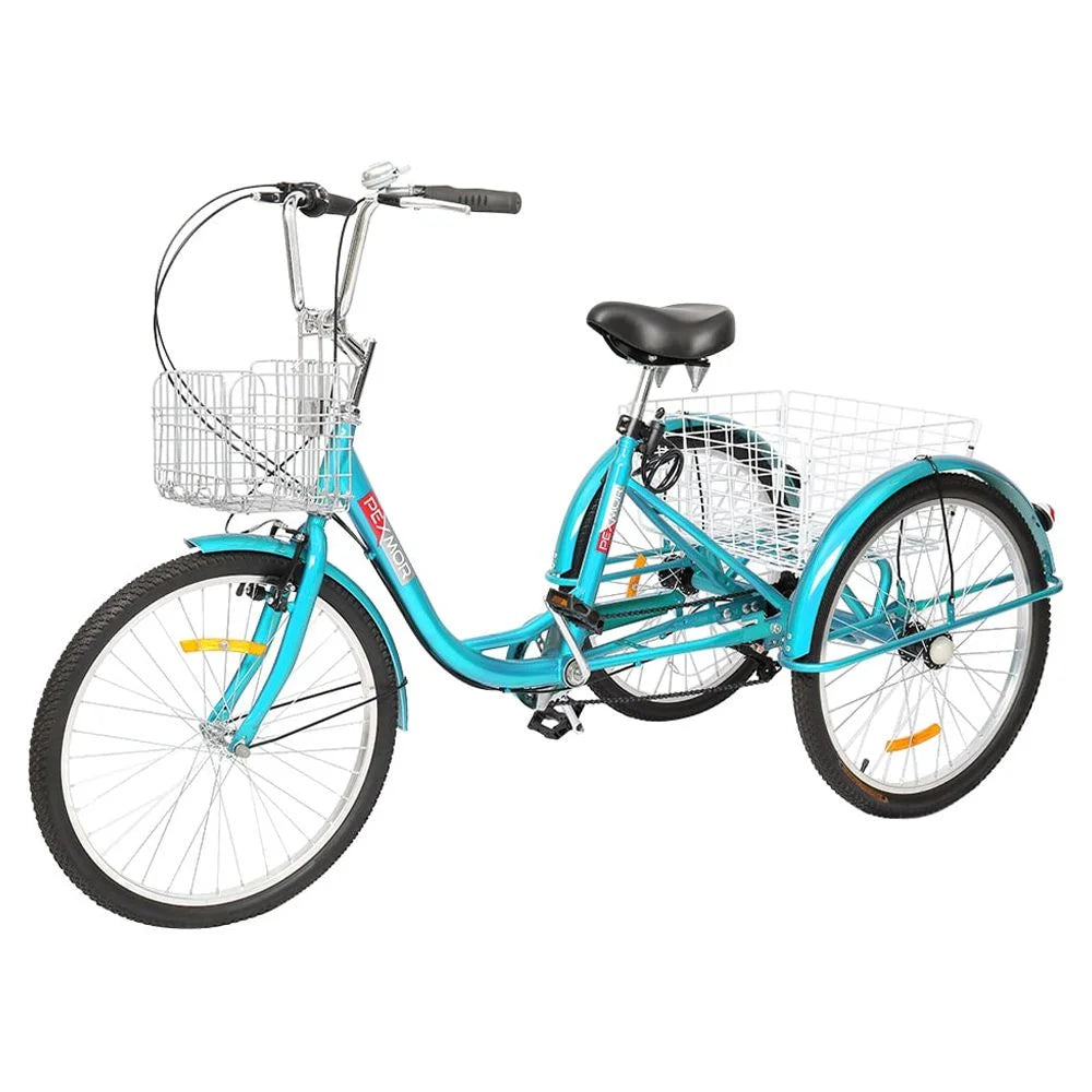 Adult Trike 7 Speed 24/26 Inch Three-Wheeled Cruiser Bike with Folding Front & Rear Basket Adjustable Height Seat R54578