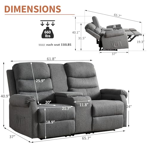 Grey Manual Reclining Loveseat Sofa 2 Seater with Cup Holders C288770