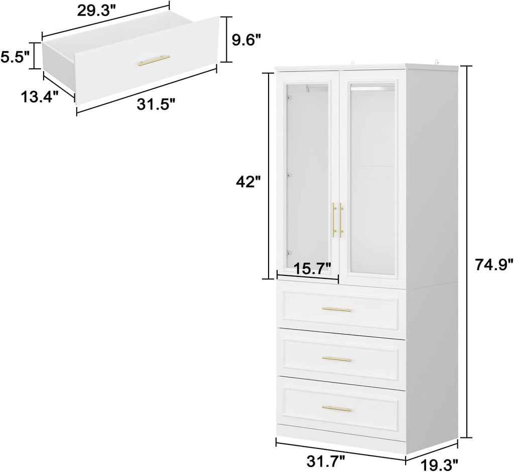 White Wooden Wardrobe Armoire with 2 Glass Doors, 3 Drawers & Hanging Rod P509