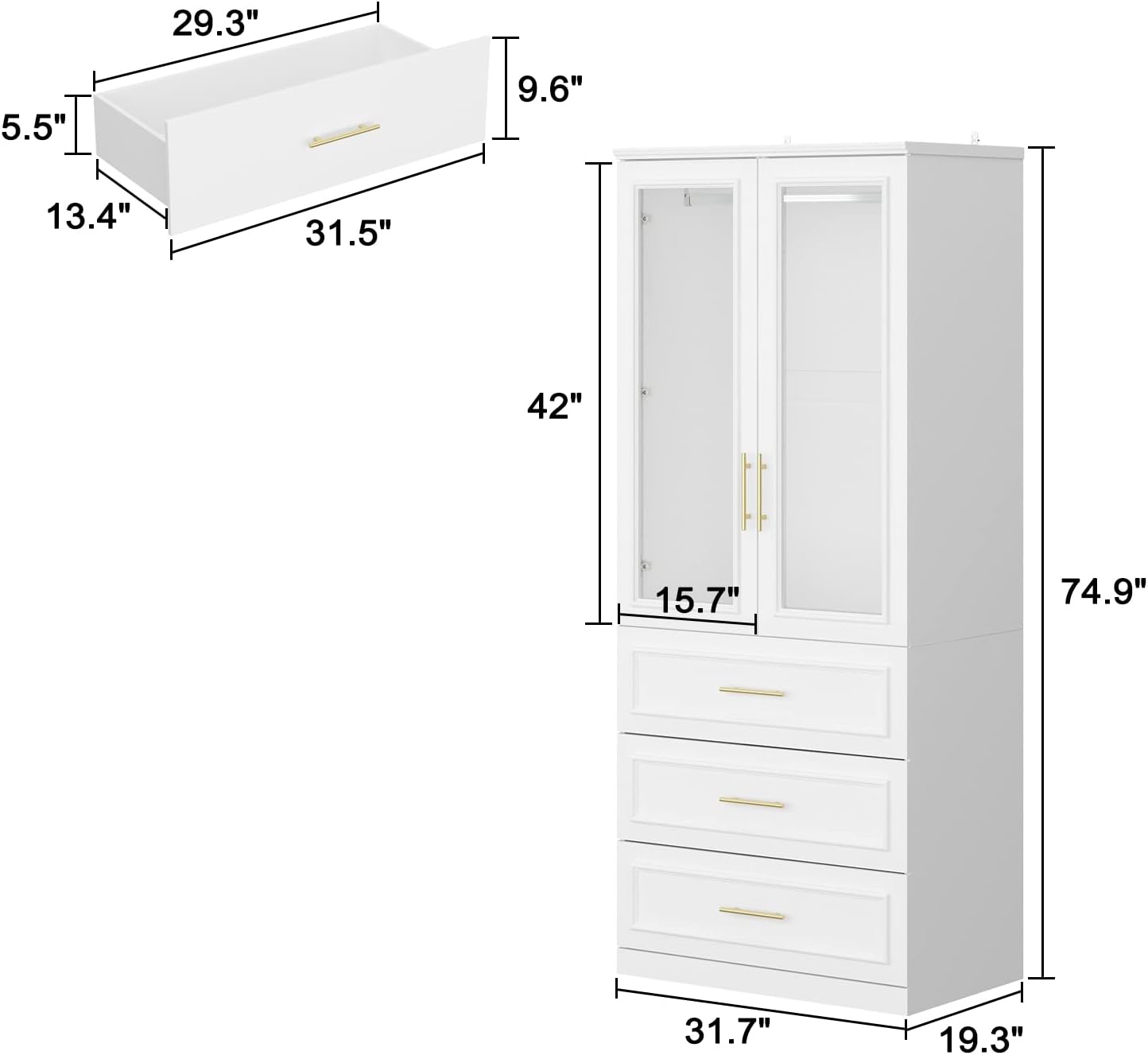 White Wooden Wardrobe Armoire with 2 Glass Doors, 3 Drawers & Hanging Rod P509