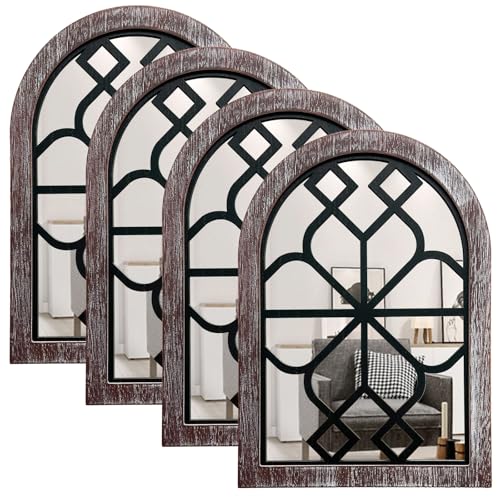 4 Set Arched Window Mirror Wall Decor, Wood Framed Distressed White S11319