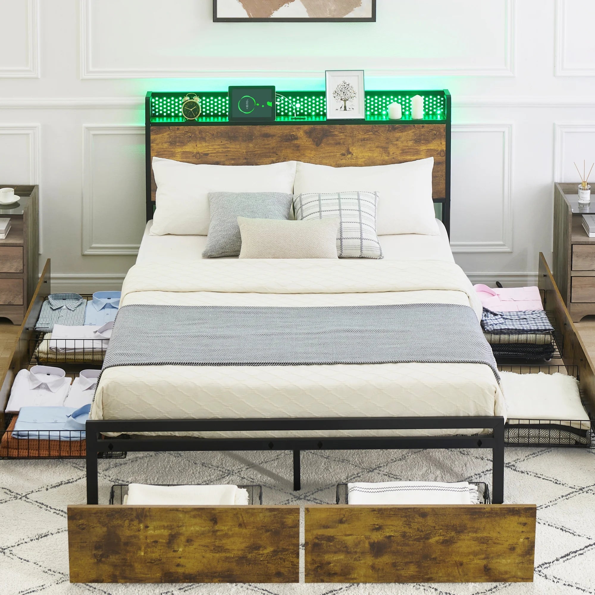 Queen Size Platform Bed Frame with Storage Headboard and 6 Drawers N273