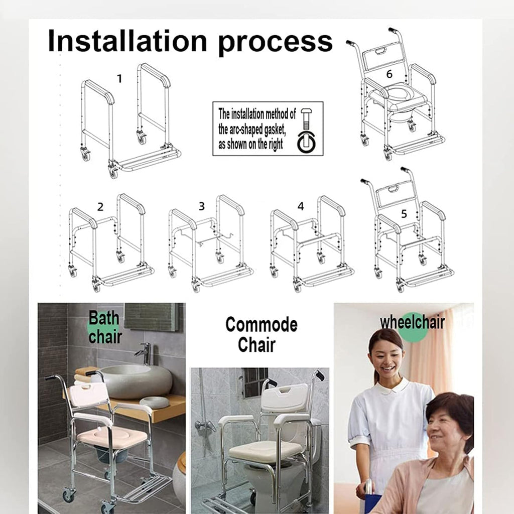 Shower Commode Chair with Wheels, 3 in 1 Shower Wheelchair with Anti Skid Arms 4 Locking Casters Detachable Bucket Shower Chair J85147