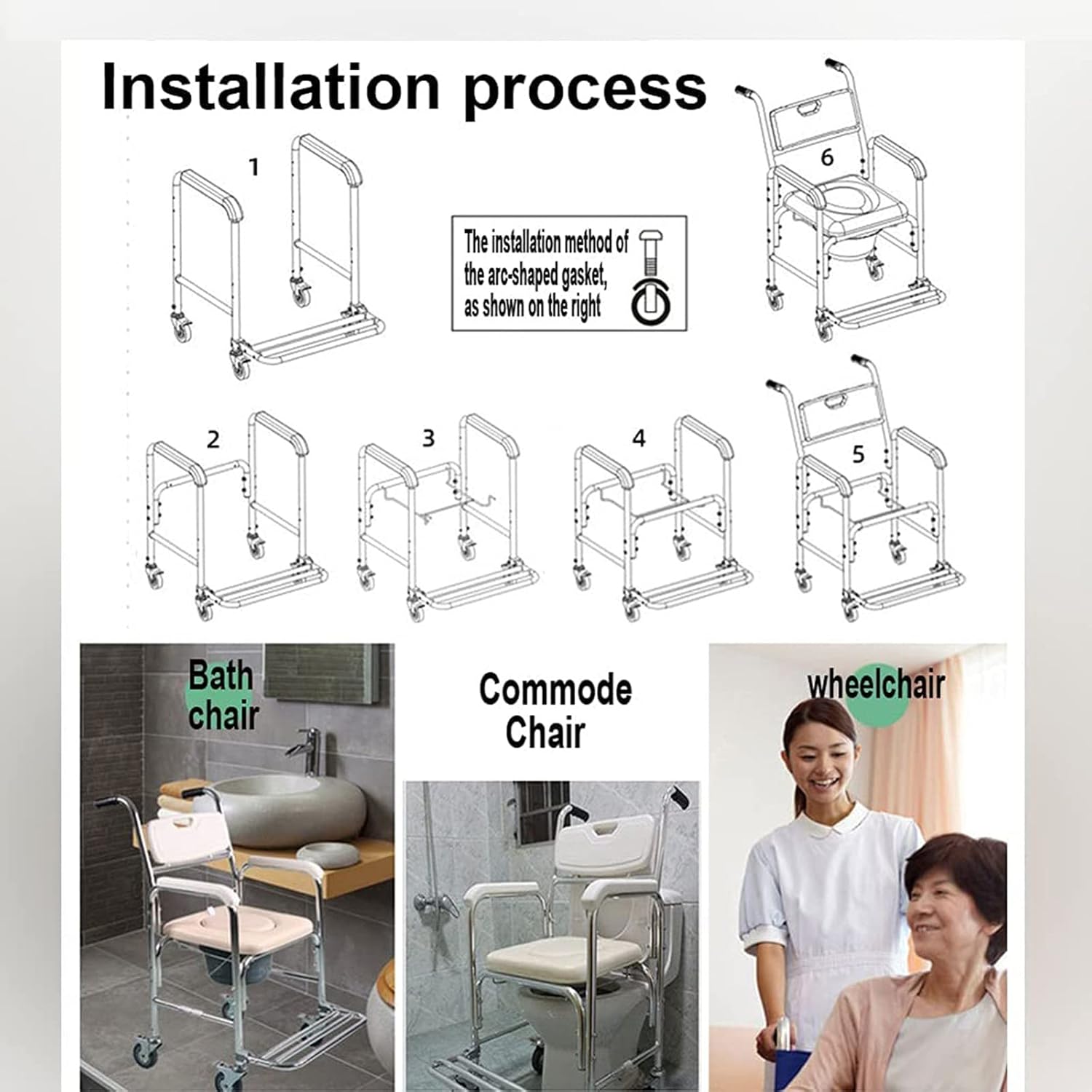 Shower Commode Chair with Wheels, 3 in 1 Shower Wheelchair with Anti Skid Arms 4 Locking Casters Detachable Bucket Shower Chair J85147