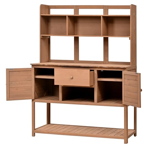 Light Brown Fir Wood Potting Bench with Drawers and Storage Shelves Q38373