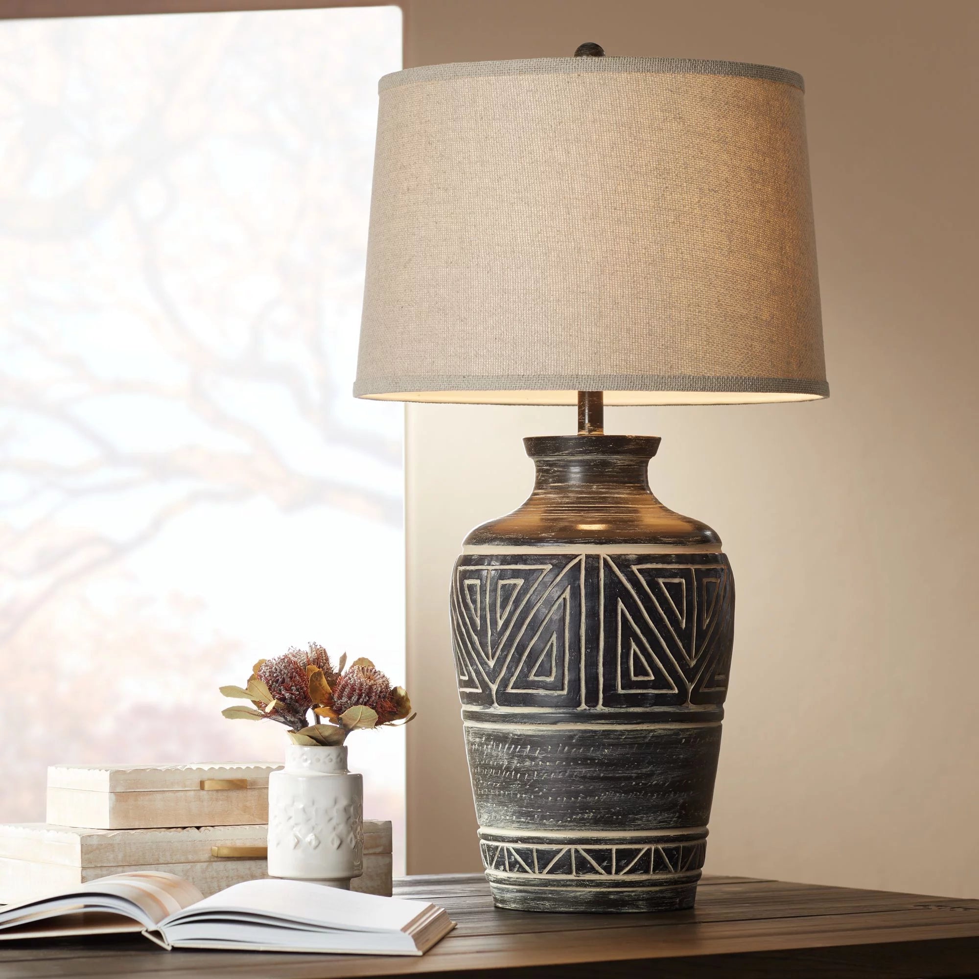 Rustic Table Lamp 32" Tall Earth Tone Linen Drum Shade D979