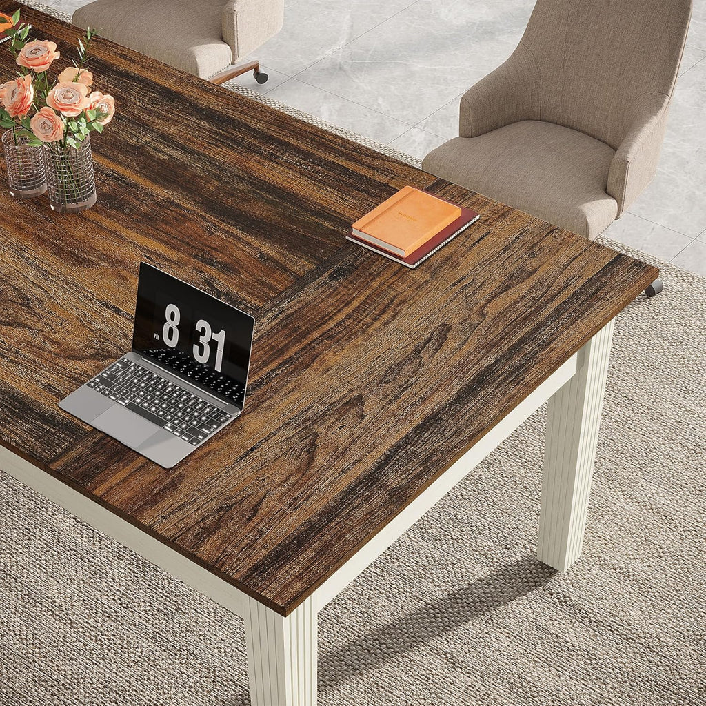 Rustic Brown & White 62-Inch Computer Desk with Solid Wood Legs W843