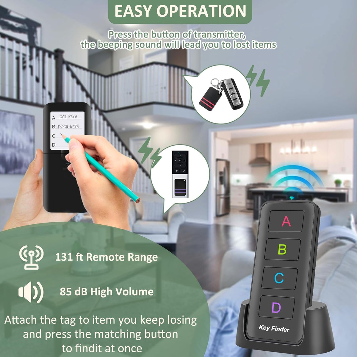 1RF Transmitter 4 Receivers Item Locator Tags with 131ft Working Range F81802