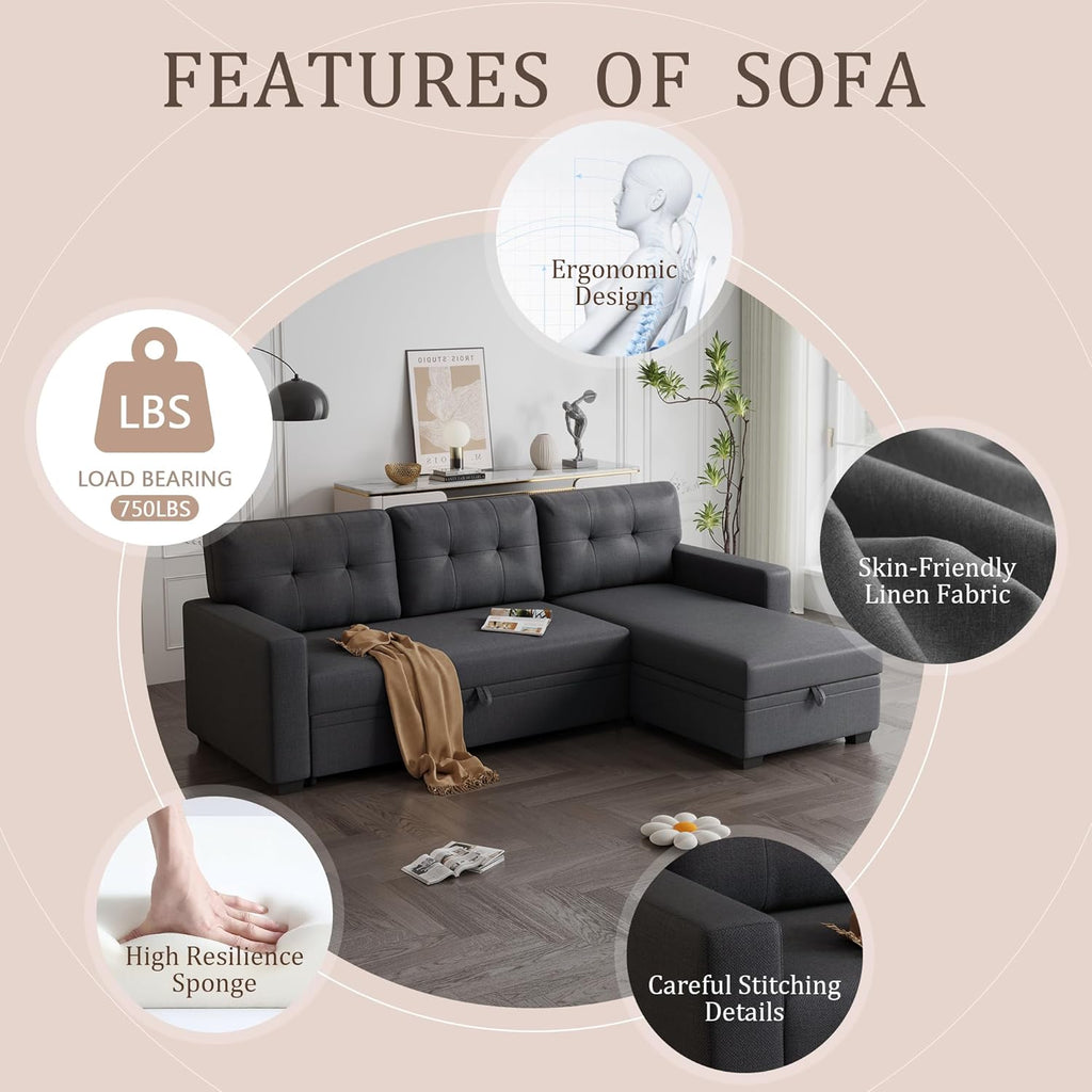 Dark Gray Linen Upholstered 3 Seater Pull Out Sofa Bed with Storage Chaise P77352