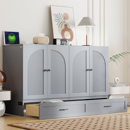 Queen Size Murphy Bed Cabinet Wall Bed with USB and Storage Drawer L14505