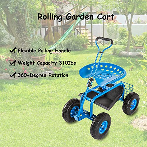 Garden Cart Rolling Work Seat with Tool Tray and Storage Basket on Wheels D605