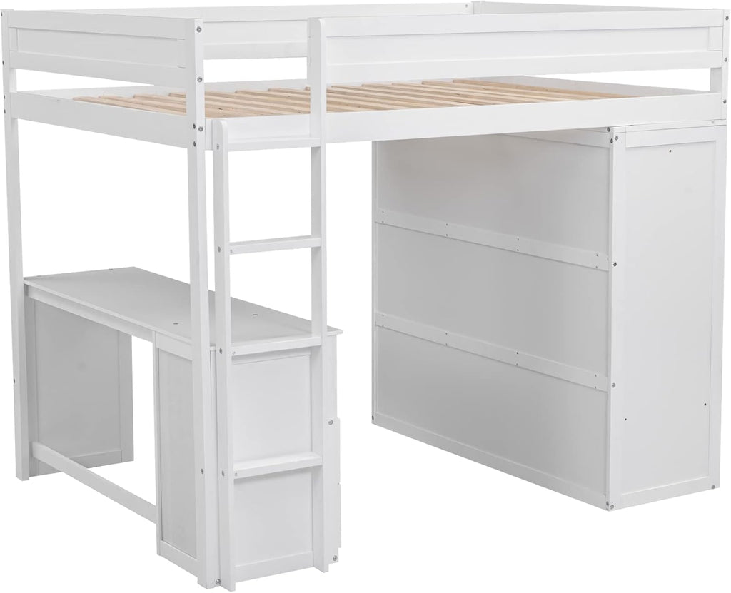 White Full Loft Bed with Wardrobe and Desk and Storage Drawers A918