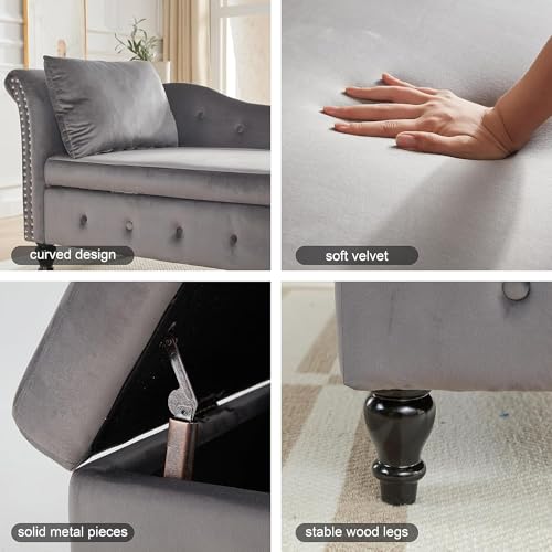 Dark Gray Velvet Chaise Lounge with Lumbar Pillow U2861