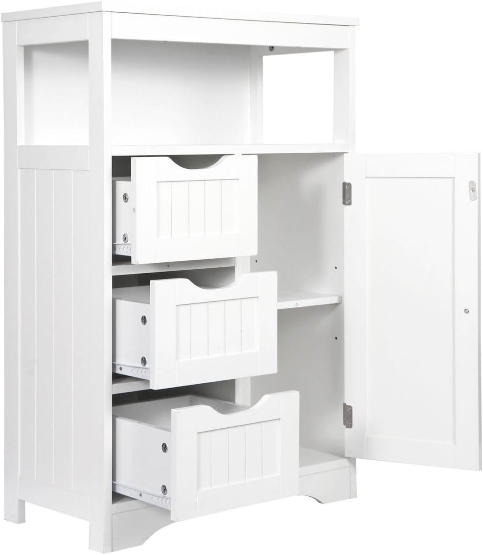 White Wooden Bathroom Floor Cabinet with 1 Door and 3 Drawers Q44508