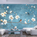 Beige Nordic Flowers Birds Wall Mural Wallpaper Q86614