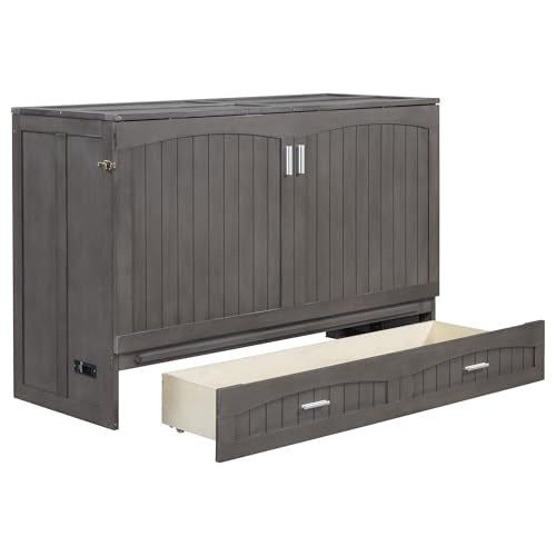 Queen Size Solid Pine Murphy Bed Cabinet with Storage Drawer H455022