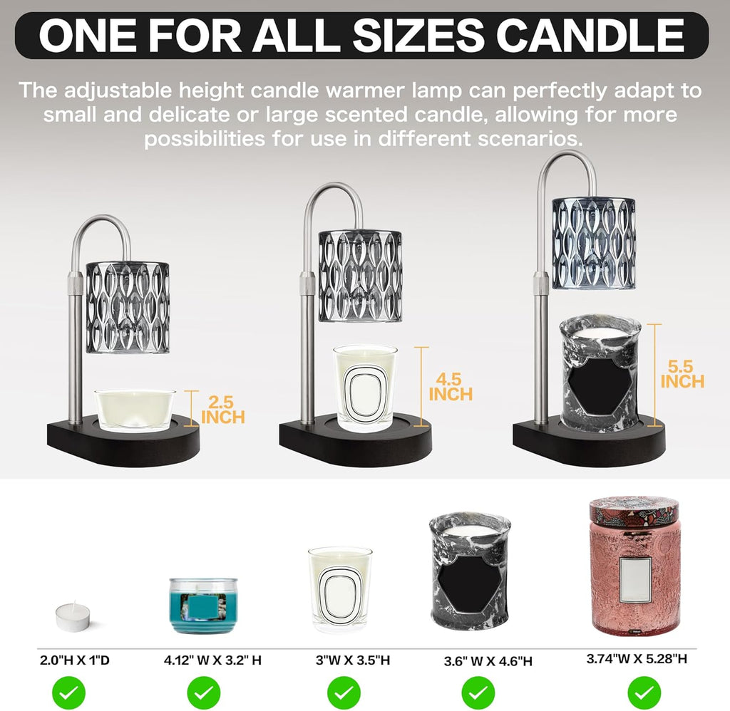 Candle Warmer Lamp with 3 Bulbs, Adjustable Height Dimmable Timer Black Z527