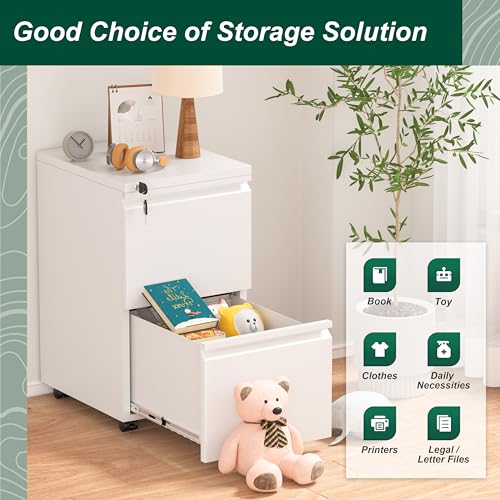 White 2 Drawer Metal Rolling File Cabinet with Lock F33074