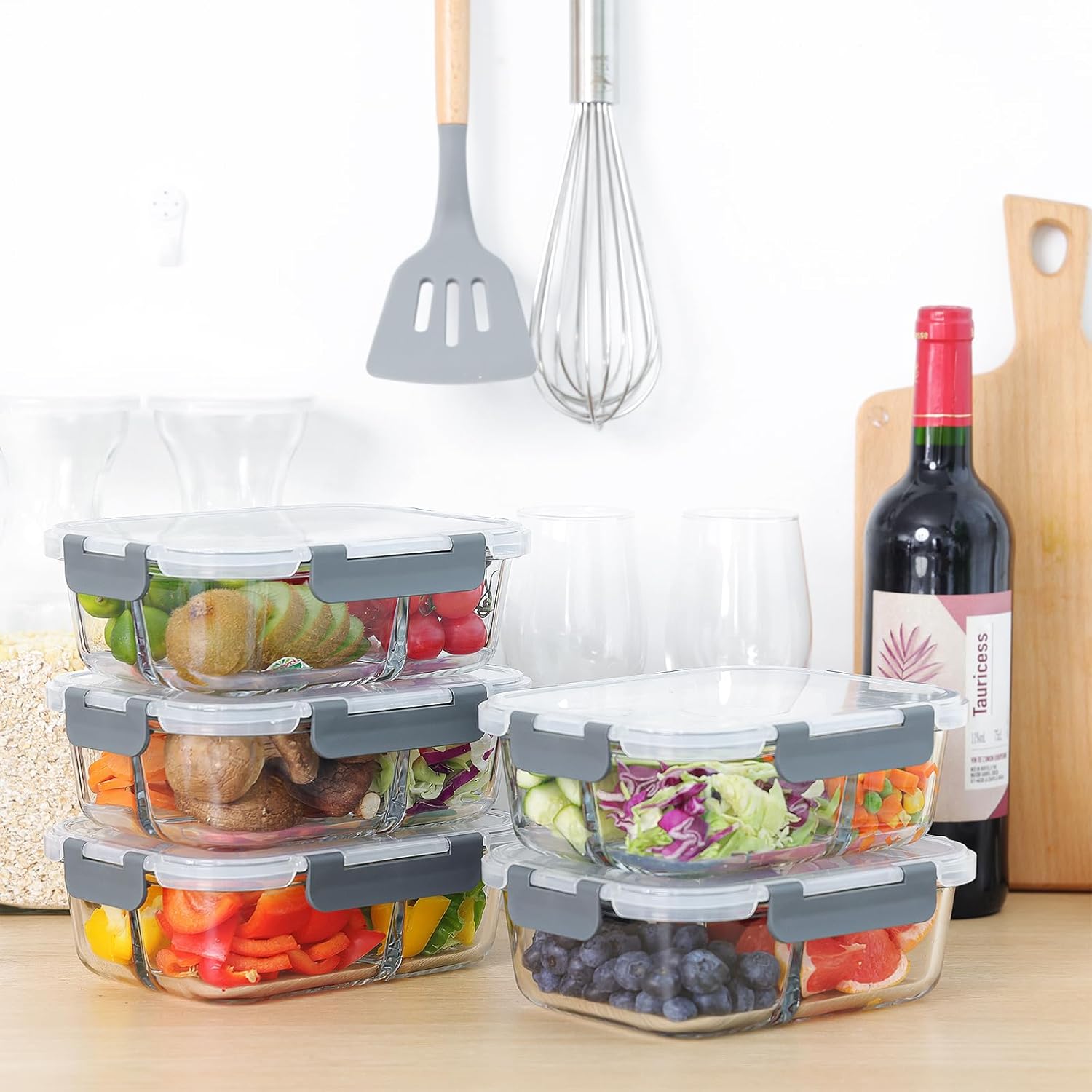 5-Pack 3 Compartments 35oz Glass Meal Prep Containers with Lids, Grey N170