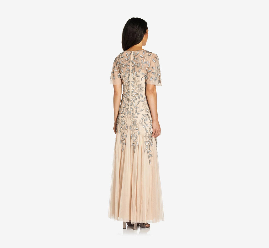 Long Floral Beaded Gown with Flutter Sleeves, Beige F6400