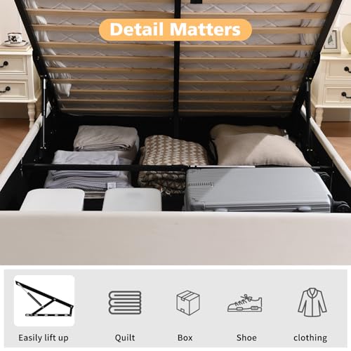 Queen Size Upholstered Storage Bed with Hydraulic Support Bars, White F113528