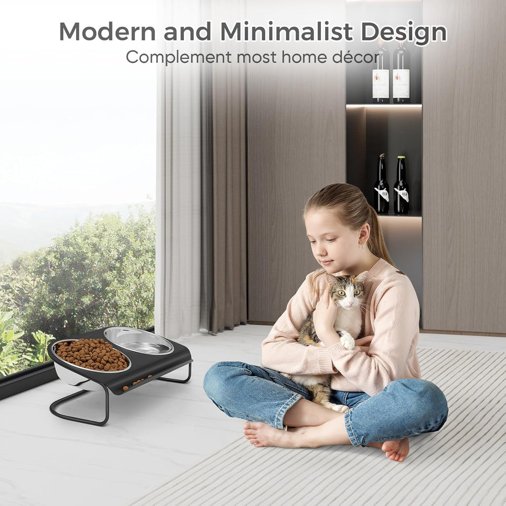 Raised Cat Food and Water Bowl Set with Stainless Steel Stand, 15° Tilted Elevated Cat Bowl, Double Metal Bowls T474477