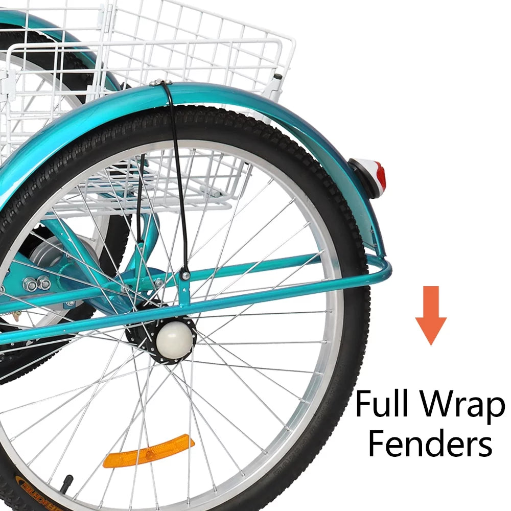 Adult Trike 7 Speed 24/26 Inch Three-Wheeled Cruiser Bike with Folding Front & Rear Basket Adjustable Height Seat R54578