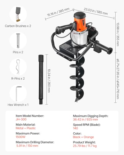 5.71 in 1500W 140 RPM Alloy Steel Earth Auger Drill Bit with Extension Rod Z544