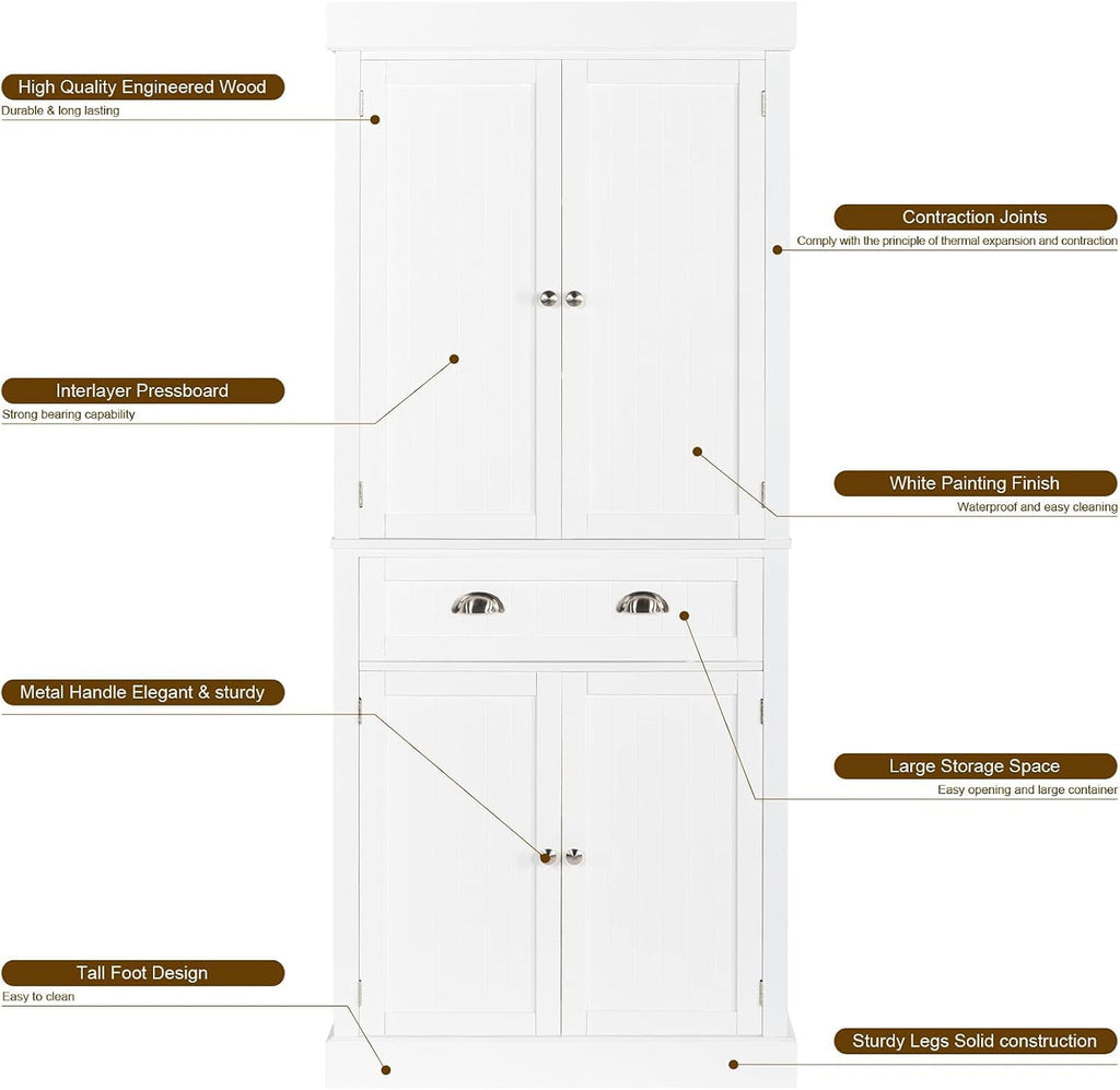 White 72" Tall Wood Pantry Cabinet with Doors and Shelves J689920