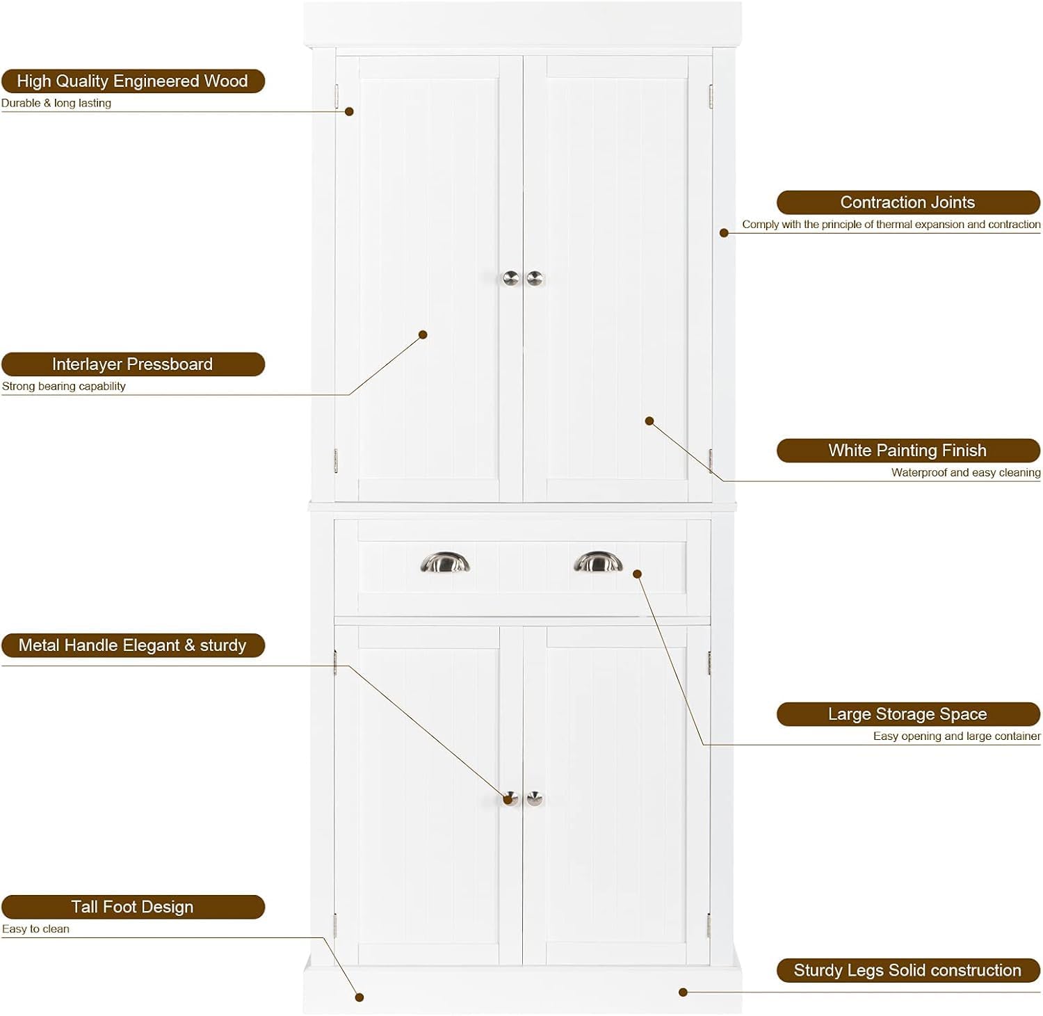 White 72" Tall Wood Pantry Cabinet with Doors and Shelves J689920
