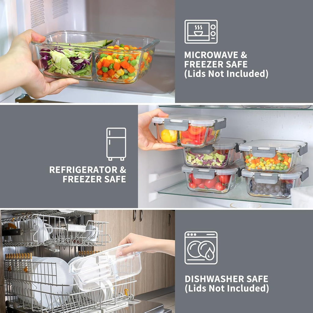 5-Pack 3 Compartments 35oz Glass Meal Prep Containers with Lids, Grey N170
