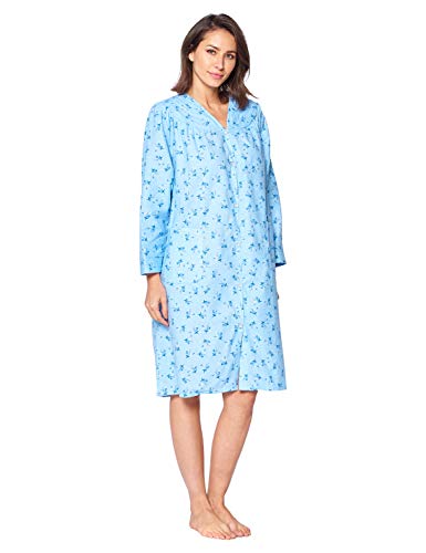 Floral Snap Front Flannel Duster Long Sleeve Lounger Dress U139