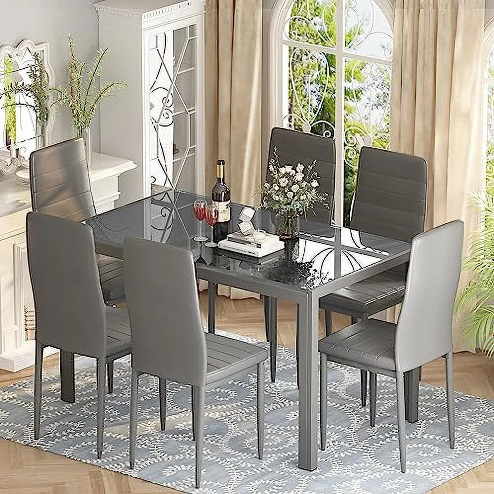 5 Piece Faux Marble Dining Table and PU Leather Chairs Set N854