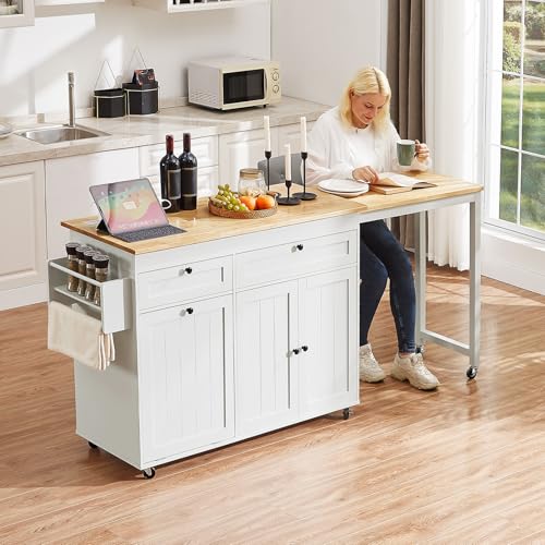 White Mobile Kitchen Island with Extendable Dining Table W872829