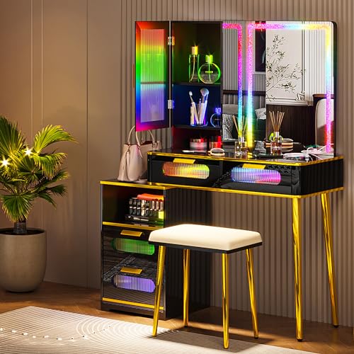 Black LED Vanity Desk with Mirror and Lights and Charging Station O28295