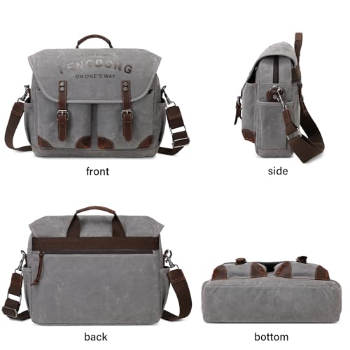 Mens 15.6 Inch Waxed Canvas Genuine Leather Briefcase Shoulder Bag Black Gray K3970