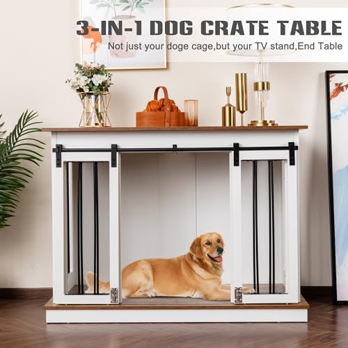 Black 72''W*24''D*35''H Wooden Dog Crate with Room Divider & 3 Drawer Double Doors F488535