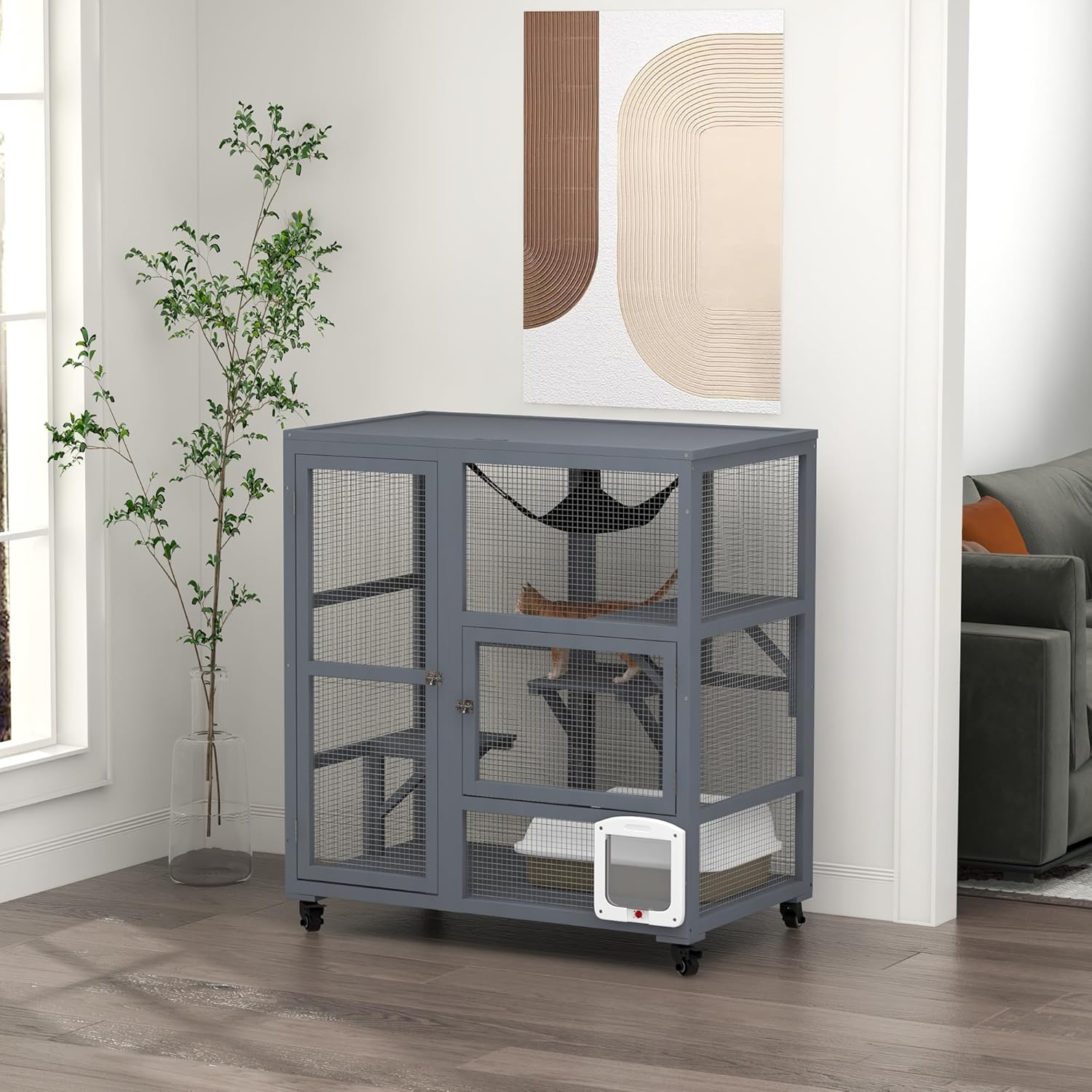 Grey Large Wooden Cat Enclosure with Roof H870