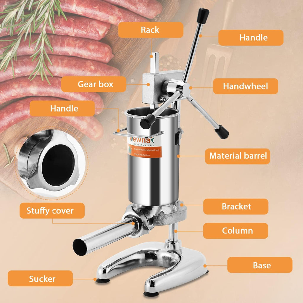 Manual Sausage Stuffer Stainless Steel Vertical Sausage Maker with 4 Sausage Tubes Meat Filler (2L) I449
