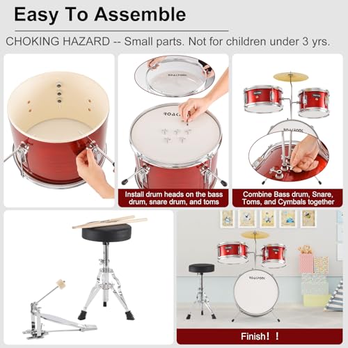 3 Piece Kids Drum Set with 14'' Bass Drum, Snare, Tom, Cymbal, Pedal, Drumsticks, Adjustable Seat M25699