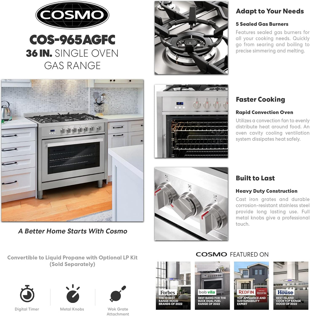 36 in. 3.8 cu. ft. Gas Range with Oven and 5 Burner Cooktop with Cast Iron Grates in Stainless Steel T97691