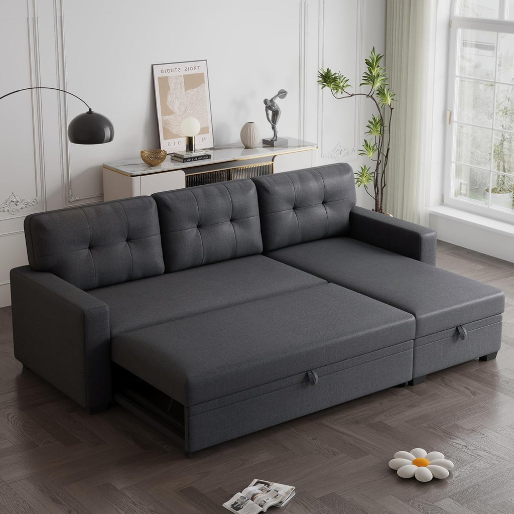 Dark Gray Linen Upholstered 3 Seater Pull Out Sofa Bed with Storage Chaise P77352