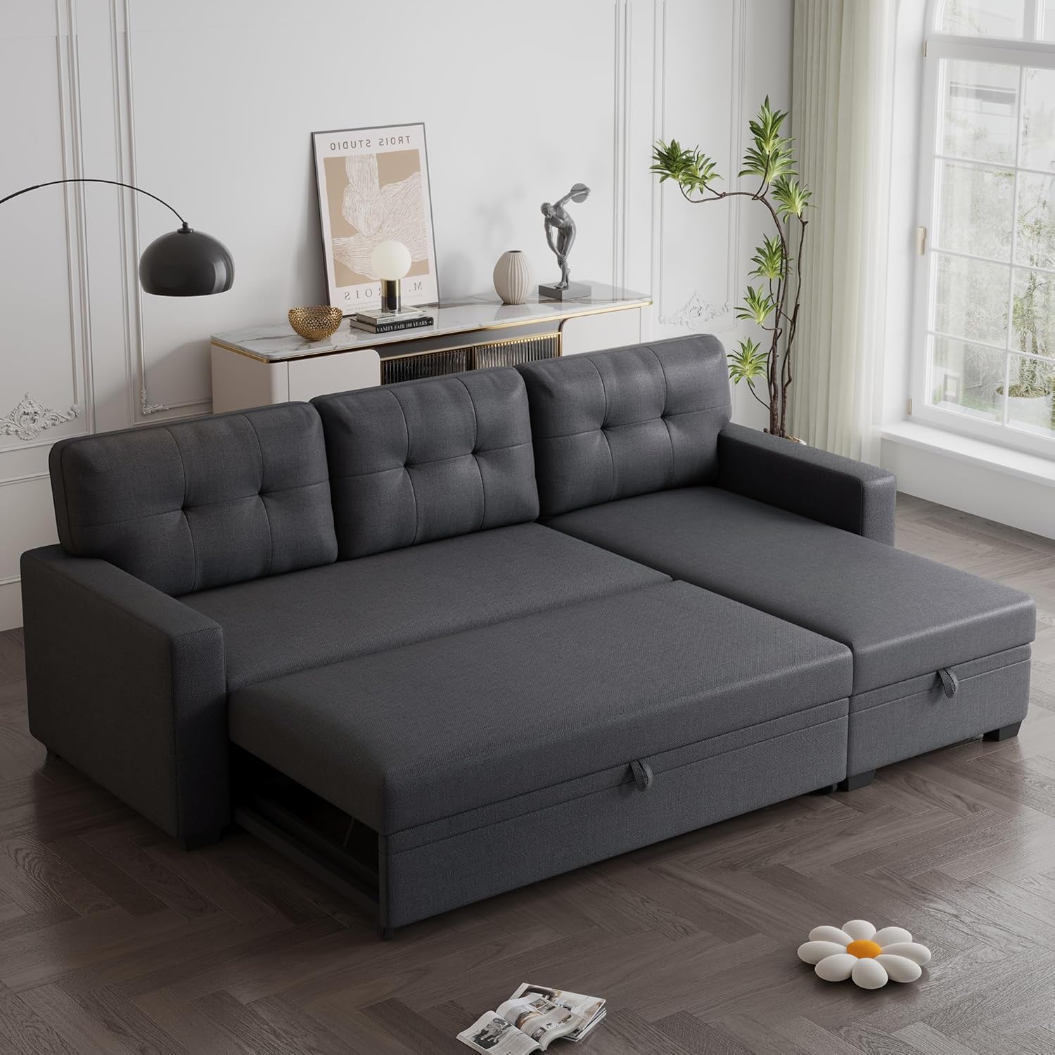 Dark Gray Linen Upholstered 3 Seater Pull Out Sofa Bed with Storage Chaise P77352