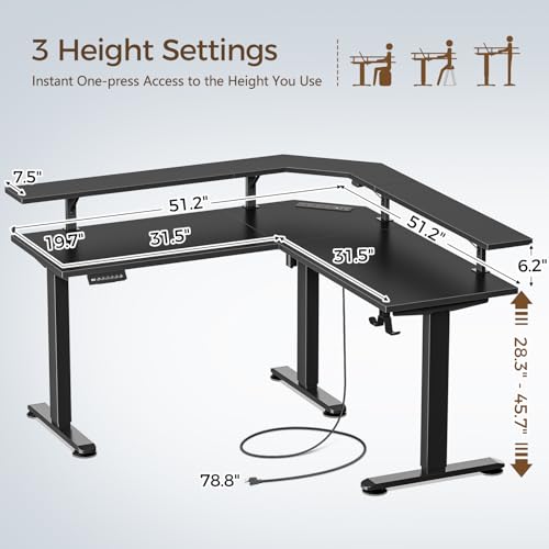 Black Electric Height Adjustable L Shaped Desk with LED Light and Power Outlet W539