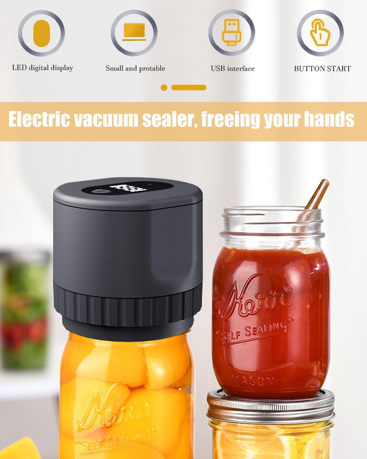 Black Cordless Handheld Mason Jar Vacuum Sealer Kit with Wide & Regular Mouth Lids E168