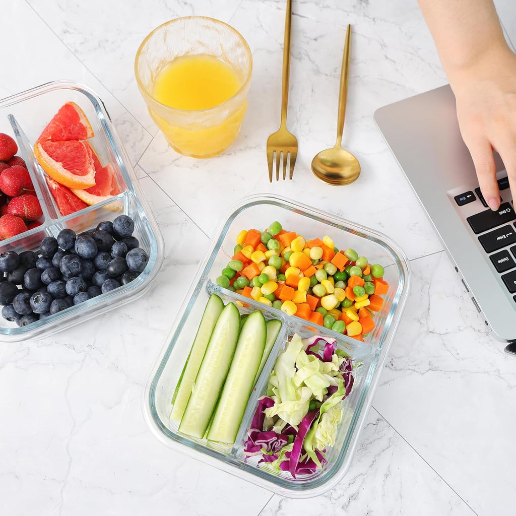 5-Pack 3 Compartments 35oz Glass Meal Prep Containers with Lids, Grey N170