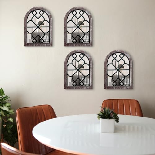 4 Set Arched Window Mirror Wall Decor, Wood Framed Distressed White S11319