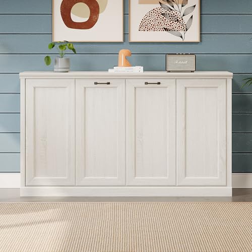 Twin Size Murphy Bed with Storage Bookshelf and USB Charging Station, Folding into a Cabinet, Rustic White H7798