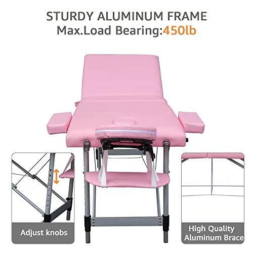 Pink 84in 3 Folding Aluminum Frame Portable Massage Bed I953